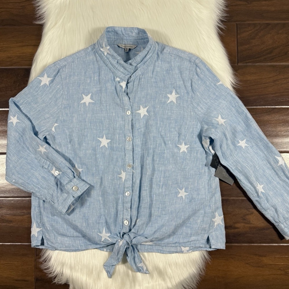 John Mark Women's Size Petite‎ Large Blue Star Button Front Tie Knot Blouse Top